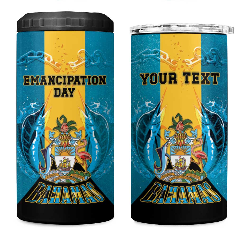 Personalized Bahamas Emancipation Day 4 in 1 Can Cooler Tumbler Blue Marlin With Coat Of Arms - Wonder Print Shop