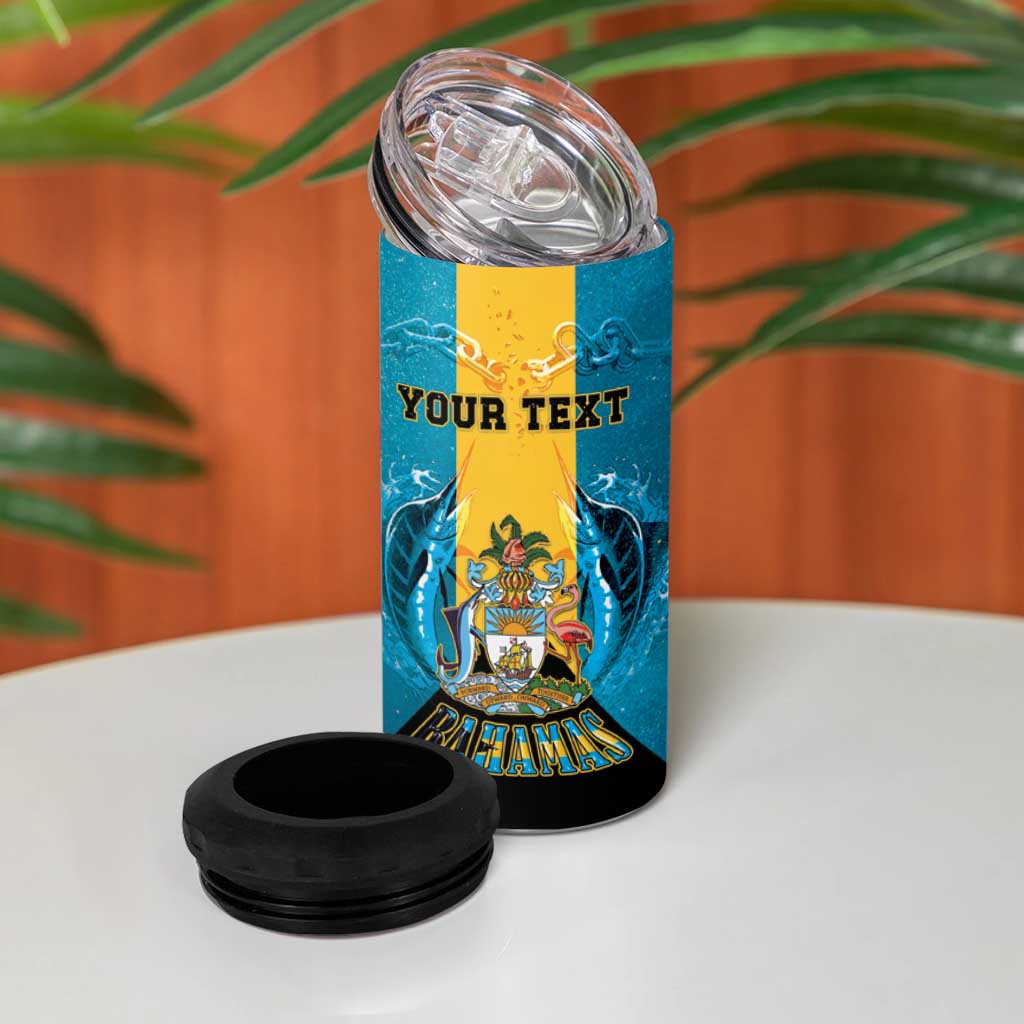Personalized Bahamas Emancipation Day 4 in 1 Can Cooler Tumbler Blue Marlin With Coat Of Arms - Wonder Print Shop