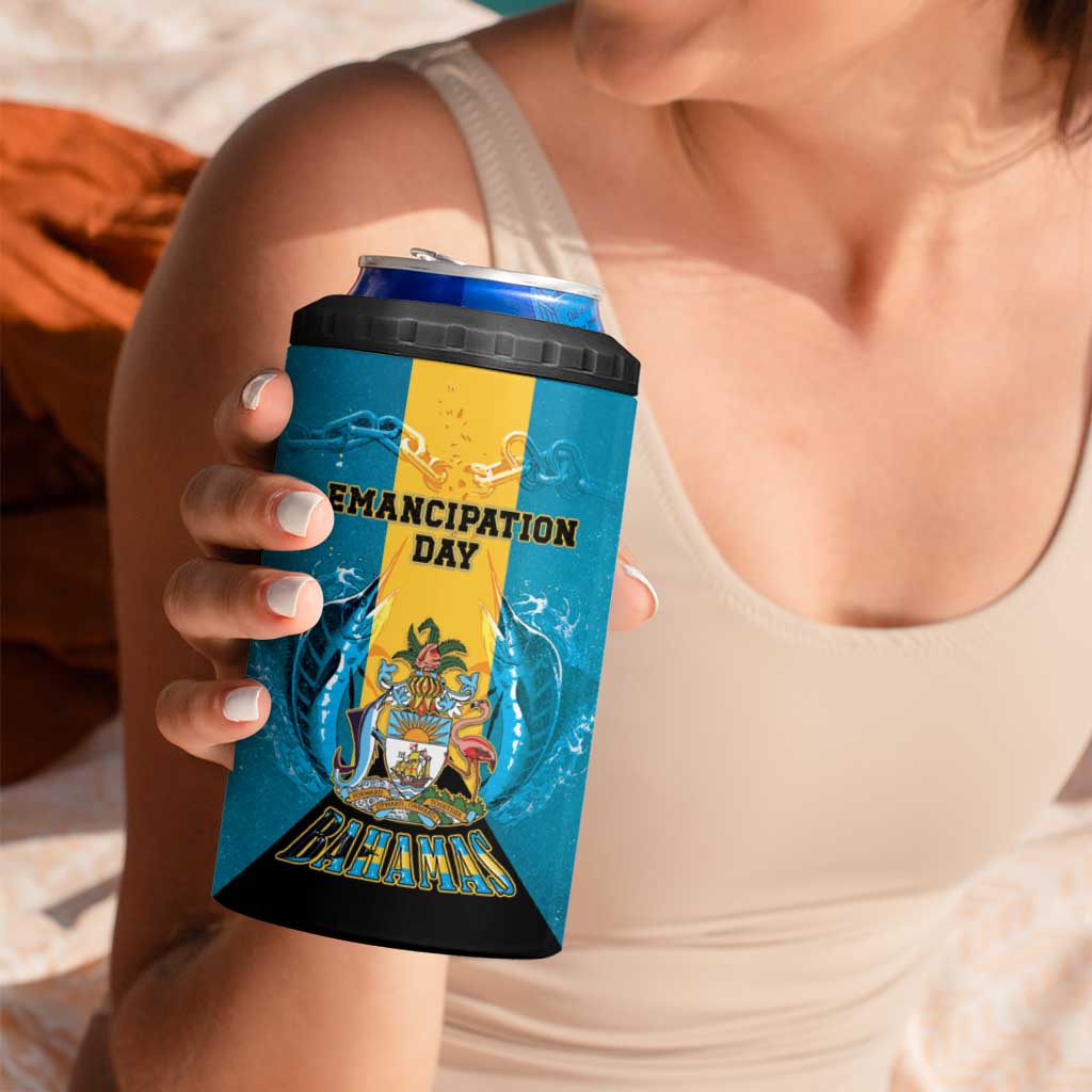 Personalized Bahamas Emancipation Day 4 in 1 Can Cooler Tumbler Blue Marlin With Coat Of Arms - Wonder Print Shop