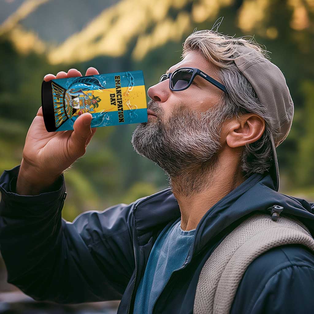 Personalized Bahamas Emancipation Day 4 in 1 Can Cooler Tumbler Blue Marlin With Coat Of Arms - Wonder Print Shop