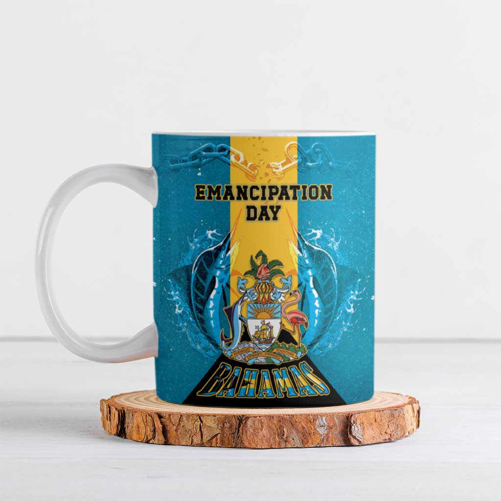 Personalized Bahamas Emancipation Day Ceramic Mug Blue Marlin With Coat Of Arms - Wonder Print Shop