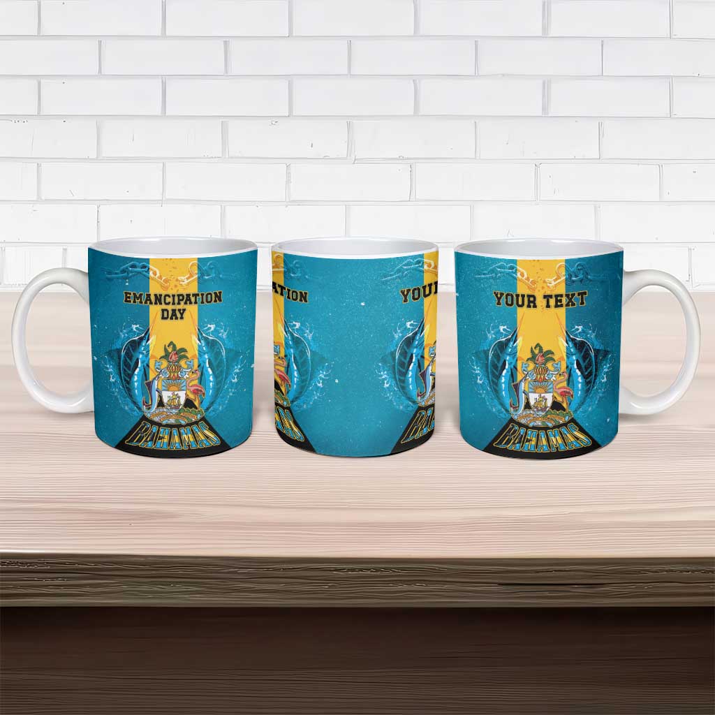 Personalized Bahamas Emancipation Day Ceramic Mug Blue Marlin With Coat Of Arms - Wonder Print Shop