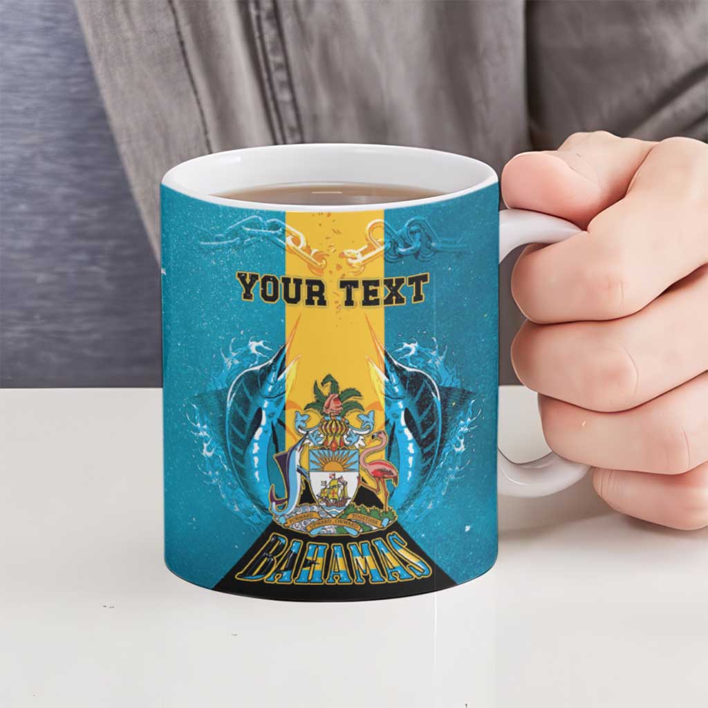 Personalized Bahamas Emancipation Day Ceramic Mug Blue Marlin With Coat Of Arms - Wonder Print Shop