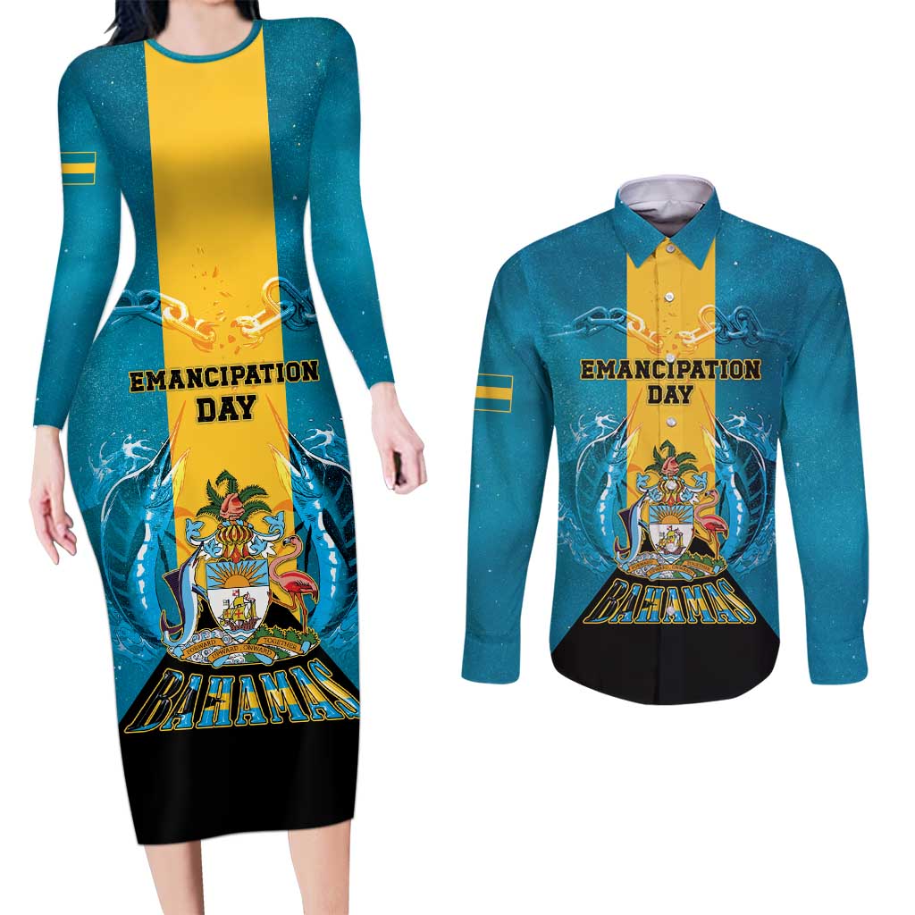 Personalized Bahamas Emancipation Day Couples Matching Long Sleeve Bodycon Dress and Long Sleeve Button Shirt Blue Marlin With Coat Of Arms - Wonder Print Shop