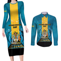 Personalized Bahamas Emancipation Day Couples Matching Long Sleeve Bodycon Dress and Long Sleeve Button Shirt Blue Marlin With Coat Of Arms - Wonder Print Shop