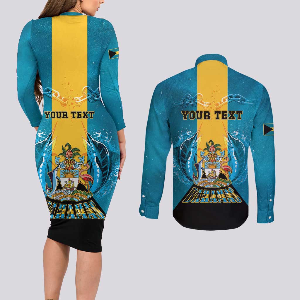 Personalized Bahamas Emancipation Day Couples Matching Long Sleeve Bodycon Dress and Long Sleeve Button Shirt Blue Marlin With Coat Of Arms - Wonder Print Shop
