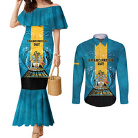 Personalized Bahamas Emancipation Day Couples Matching Mermaid Dress and Long Sleeve Button Shirt Blue Marlin With Coat Of Arms - Wonder Print Shop
