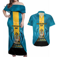 Personalized Bahamas Emancipation Day Couples Matching Off Shoulder Maxi Dress and Hawaiian Shirt Blue Marlin With Coat Of Arms - Wonder Print Shop