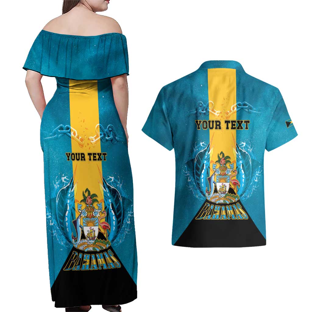 Personalized Bahamas Emancipation Day Couples Matching Off Shoulder Maxi Dress and Hawaiian Shirt Blue Marlin With Coat Of Arms - Wonder Print Shop