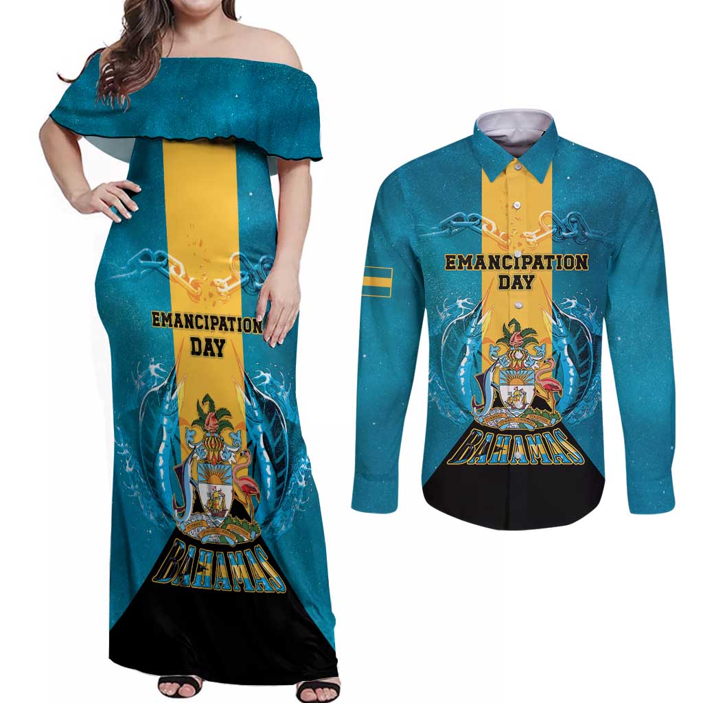 Personalized Bahamas Emancipation Day Couples Matching Off Shoulder Maxi Dress and Long Sleeve Button Shirt Blue Marlin With Coat Of Arms - Wonder Print Shop