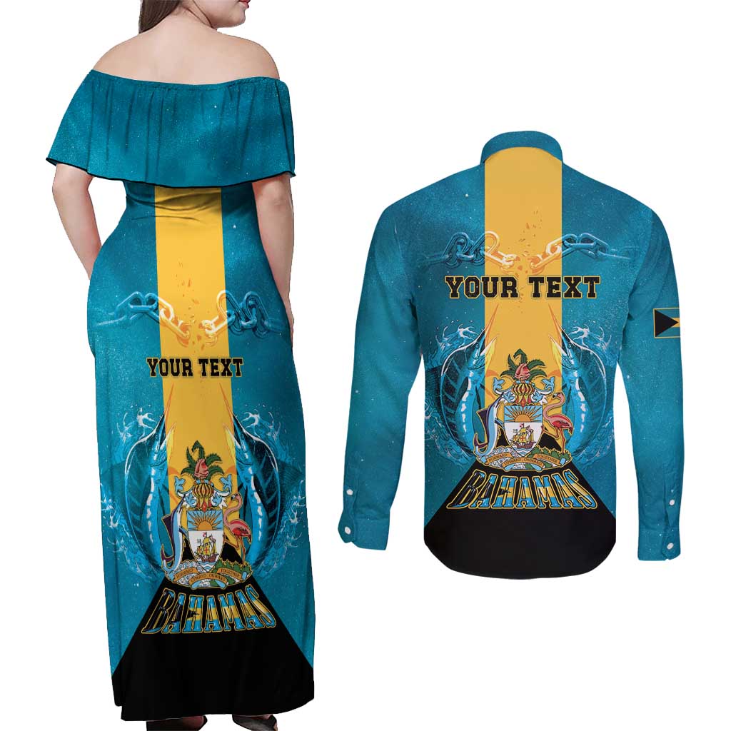 Personalized Bahamas Emancipation Day Couples Matching Off Shoulder Maxi Dress and Long Sleeve Button Shirt Blue Marlin With Coat Of Arms - Wonder Print Shop