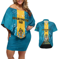 Personalized Bahamas Emancipation Day Couples Matching Off Shoulder Short Dress and Hawaiian Shirt Blue Marlin With Coat Of Arms - Wonder Print Shop