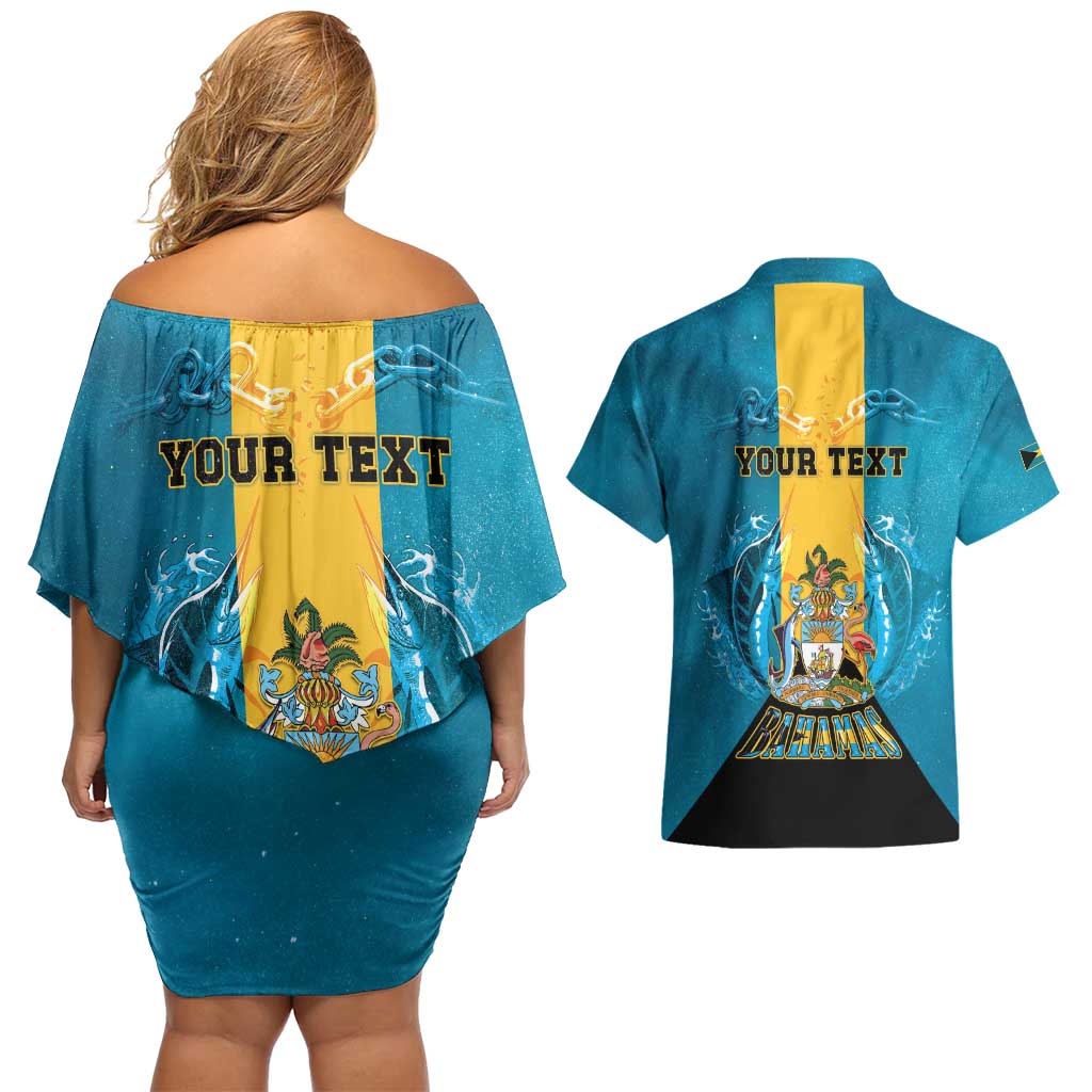 Personalized Bahamas Emancipation Day Couples Matching Off Shoulder Short Dress and Hawaiian Shirt Blue Marlin With Coat Of Arms - Wonder Print Shop