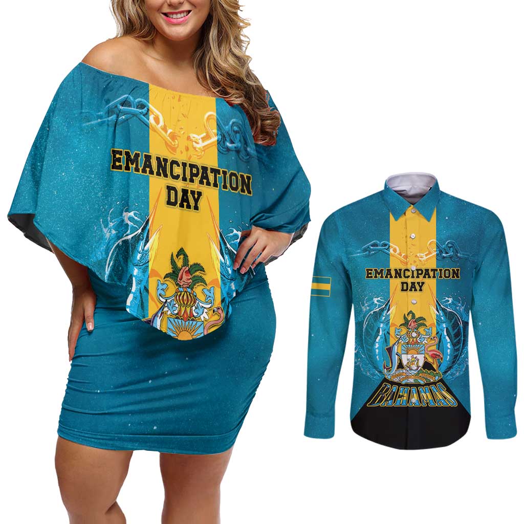Personalized Bahamas Emancipation Day Couples Matching Off Shoulder Short Dress and Long Sleeve Button Shirt Blue Marlin With Coat Of Arms - Wonder Print Shop