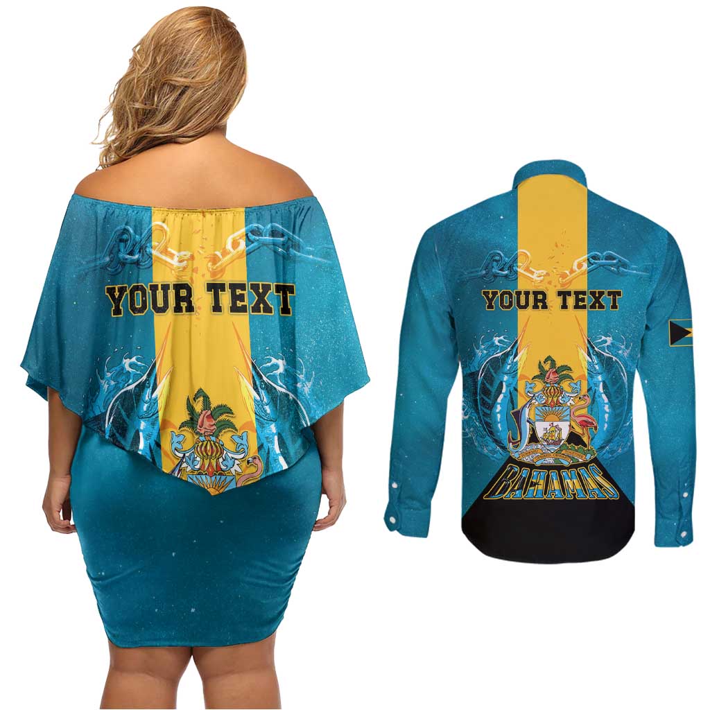 Personalized Bahamas Emancipation Day Couples Matching Off Shoulder Short Dress and Long Sleeve Button Shirt Blue Marlin With Coat Of Arms - Wonder Print Shop