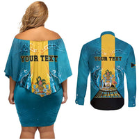 Personalized Bahamas Emancipation Day Couples Matching Off Shoulder Short Dress and Long Sleeve Button Shirt Blue Marlin With Coat Of Arms - Wonder Print Shop