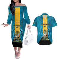 Personalized Bahamas Emancipation Day Couples Matching Off The Shoulder Long Sleeve Dress and Hawaiian Shirt Blue Marlin With Coat Of Arms - Wonder Print Shop