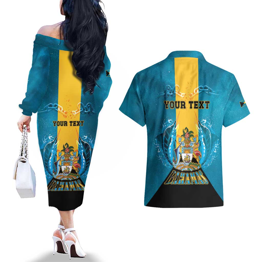 Personalized Bahamas Emancipation Day Couples Matching Off The Shoulder Long Sleeve Dress and Hawaiian Shirt Blue Marlin With Coat Of Arms - Wonder Print Shop