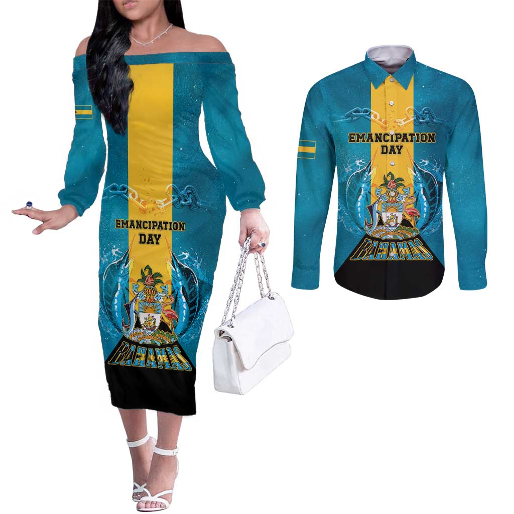 Personalized Bahamas Emancipation Day Couples Matching Off The Shoulder Long Sleeve Dress and Long Sleeve Button Shirt Blue Marlin With Coat Of Arms - Wonder Print Shop