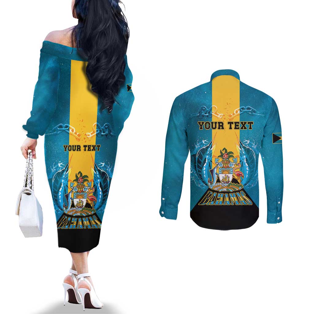Personalized Bahamas Emancipation Day Couples Matching Off The Shoulder Long Sleeve Dress and Long Sleeve Button Shirt Blue Marlin With Coat Of Arms - Wonder Print Shop