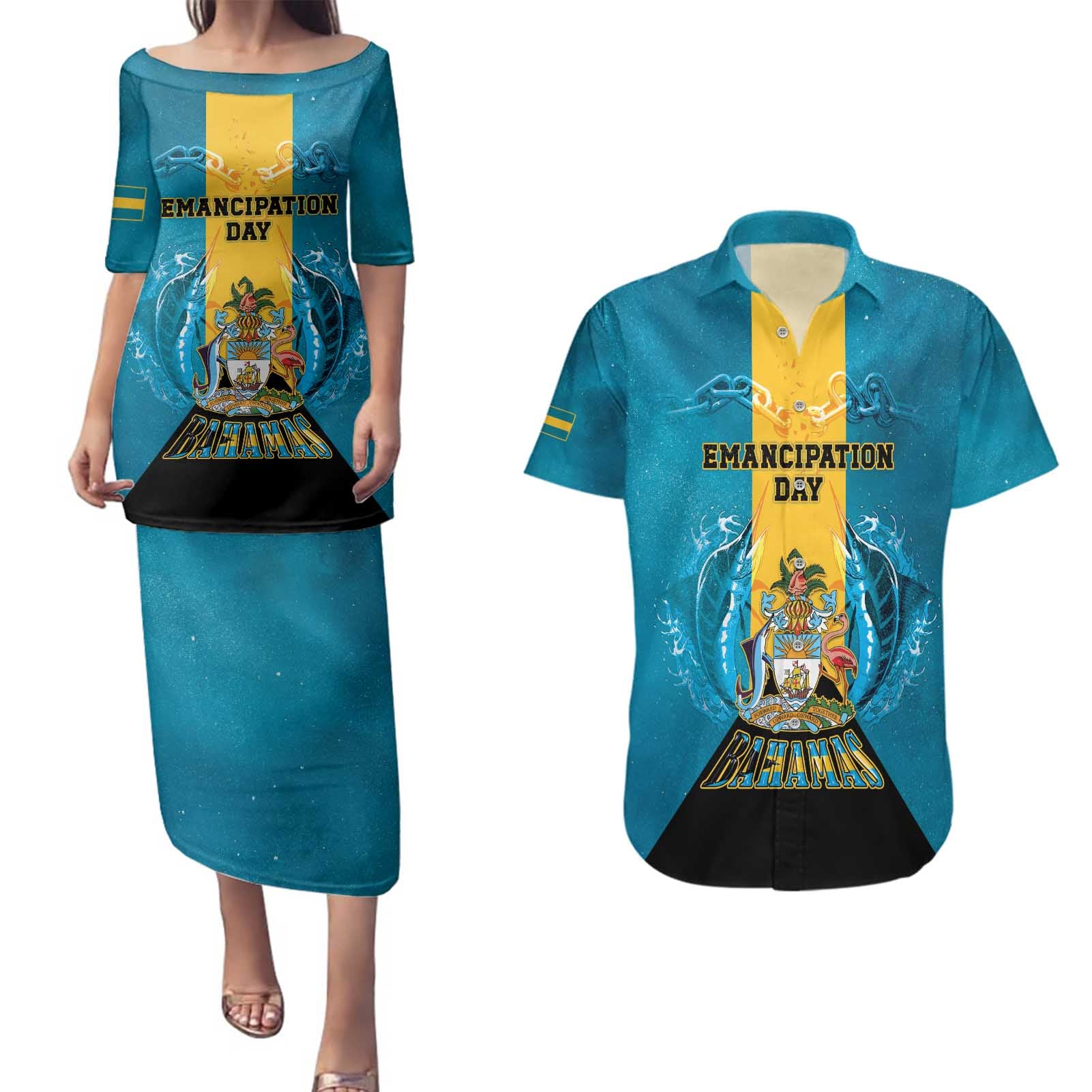 Personalized Bahamas Emancipation Day Couples Matching Puletasi and Hawaiian Shirt Blue Marlin With Coat Of Arms - Wonder Print Shop