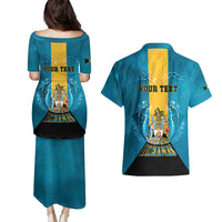 Personalized Bahamas Emancipation Day Couples Matching Puletasi and Hawaiian Shirt Blue Marlin With Coat Of Arms - Wonder Print Shop