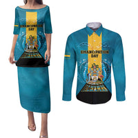 Personalized Bahamas Emancipation Day Couples Matching Puletasi and Long Sleeve Button Shirt Blue Marlin With Coat Of Arms - Wonder Print Shop