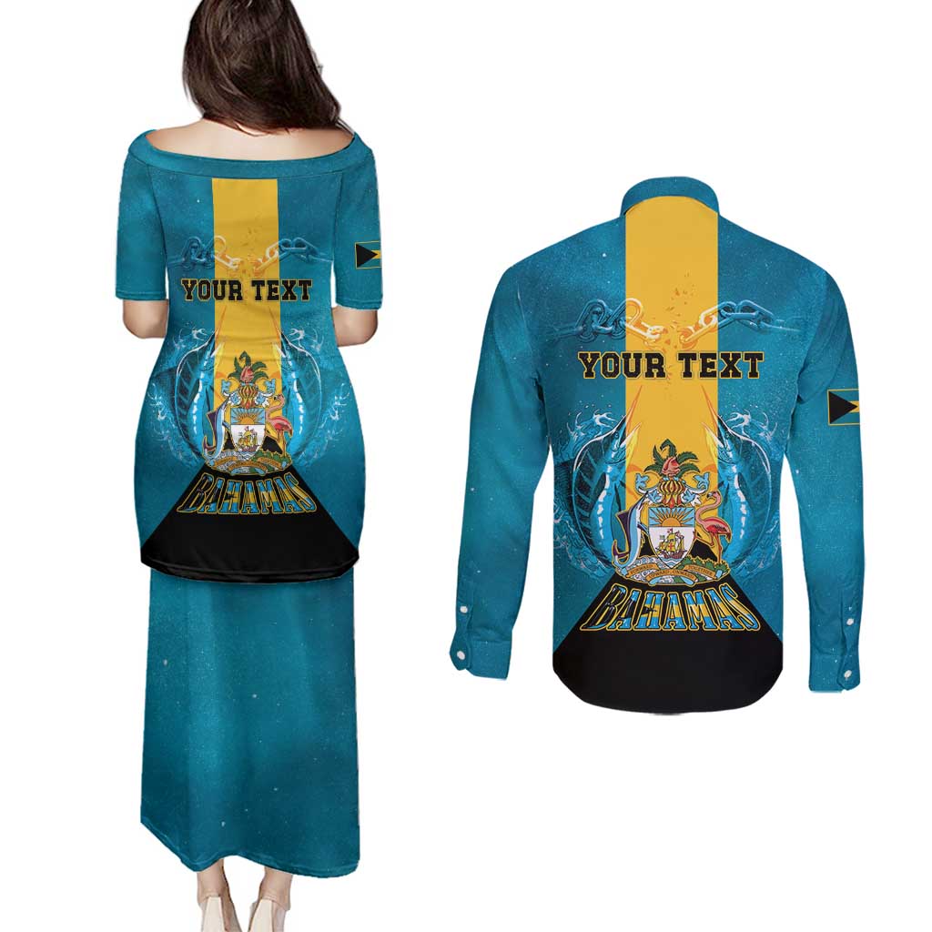 Personalized Bahamas Emancipation Day Couples Matching Puletasi and Long Sleeve Button Shirt Blue Marlin With Coat Of Arms - Wonder Print Shop