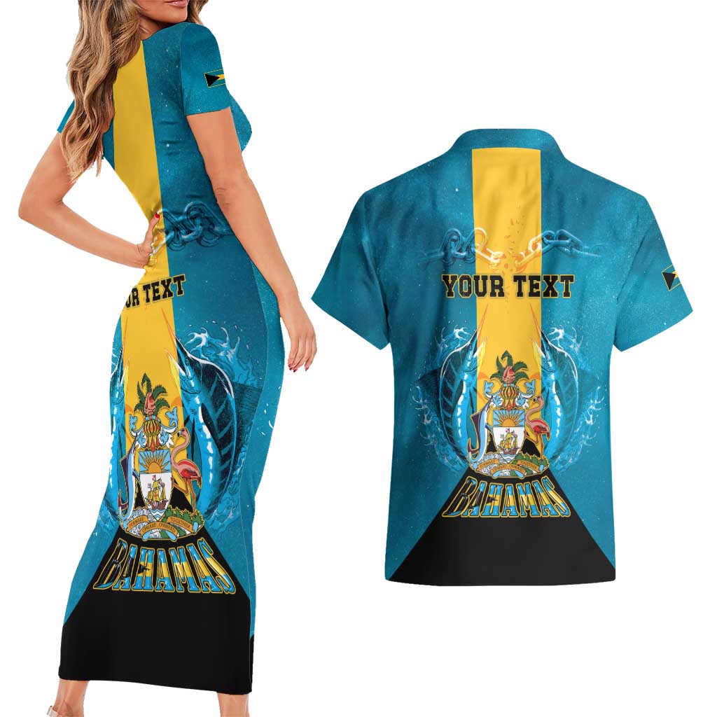 Personalized Bahamas Emancipation Day Couples Matching Short Sleeve Bodycon Dress and Hawaiian Shirt Blue Marlin With Coat Of Arms - Wonder Print Shop