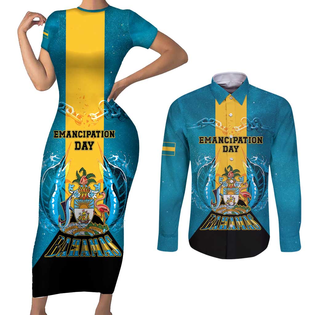 Personalized Bahamas Emancipation Day Couples Matching Short Sleeve Bodycon Dress and Long Sleeve Button Shirt Blue Marlin With Coat Of Arms - Wonder Print Shop