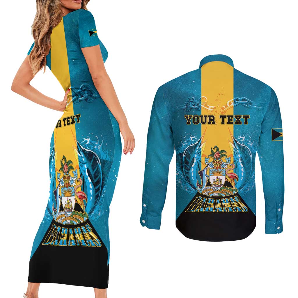 Personalized Bahamas Emancipation Day Couples Matching Short Sleeve Bodycon Dress and Long Sleeve Button Shirt Blue Marlin With Coat Of Arms - Wonder Print Shop