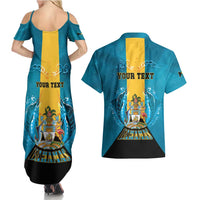 Personalized Bahamas Emancipation Day Couples Matching Summer Maxi Dress and Hawaiian Shirt Blue Marlin With Coat Of Arms - Wonder Print Shop