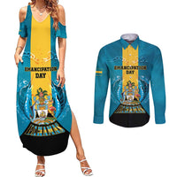 Personalized Bahamas Emancipation Day Couples Matching Summer Maxi Dress and Long Sleeve Button Shirt Blue Marlin With Coat Of Arms - Wonder Print Shop