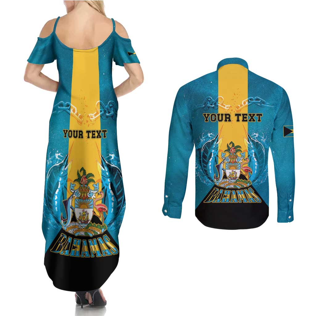 Personalized Bahamas Emancipation Day Couples Matching Summer Maxi Dress and Long Sleeve Button Shirt Blue Marlin With Coat Of Arms - Wonder Print Shop