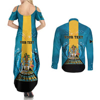 Personalized Bahamas Emancipation Day Couples Matching Summer Maxi Dress and Long Sleeve Button Shirt Blue Marlin With Coat Of Arms - Wonder Print Shop