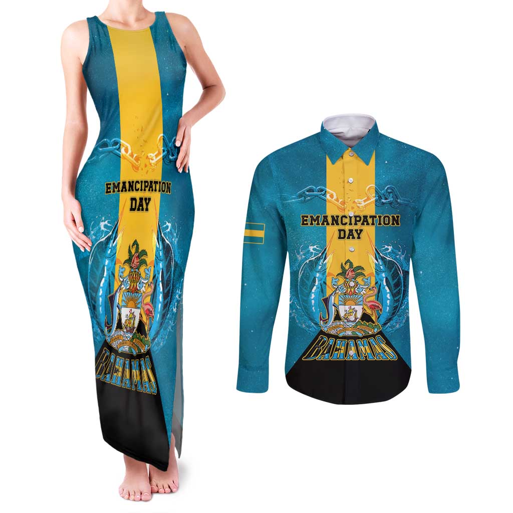 Personalized Bahamas Emancipation Day Couples Matching Tank Maxi Dress and Long Sleeve Button Shirt Blue Marlin With Coat Of Arms - Wonder Print Shop