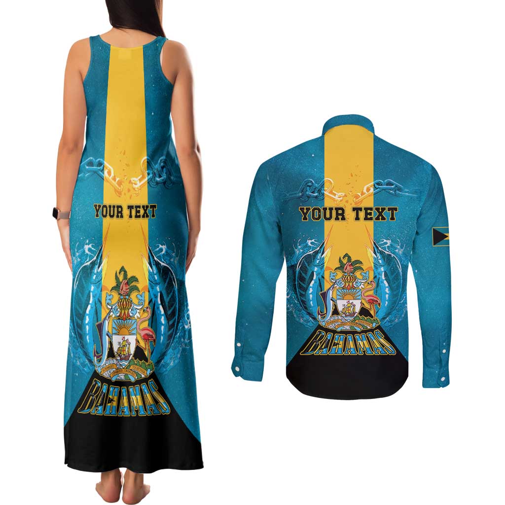 Personalized Bahamas Emancipation Day Couples Matching Tank Maxi Dress and Long Sleeve Button Shirt Blue Marlin With Coat Of Arms - Wonder Print Shop