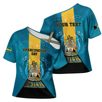 Personalized Bahamas Emancipation Day Cross Shoulder Shirt Blue Marlin With Coat Of Arms - Wonder Print Shop