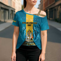 Personalized Bahamas Emancipation Day Cross Shoulder Shirt Blue Marlin With Coat Of Arms - Wonder Print Shop