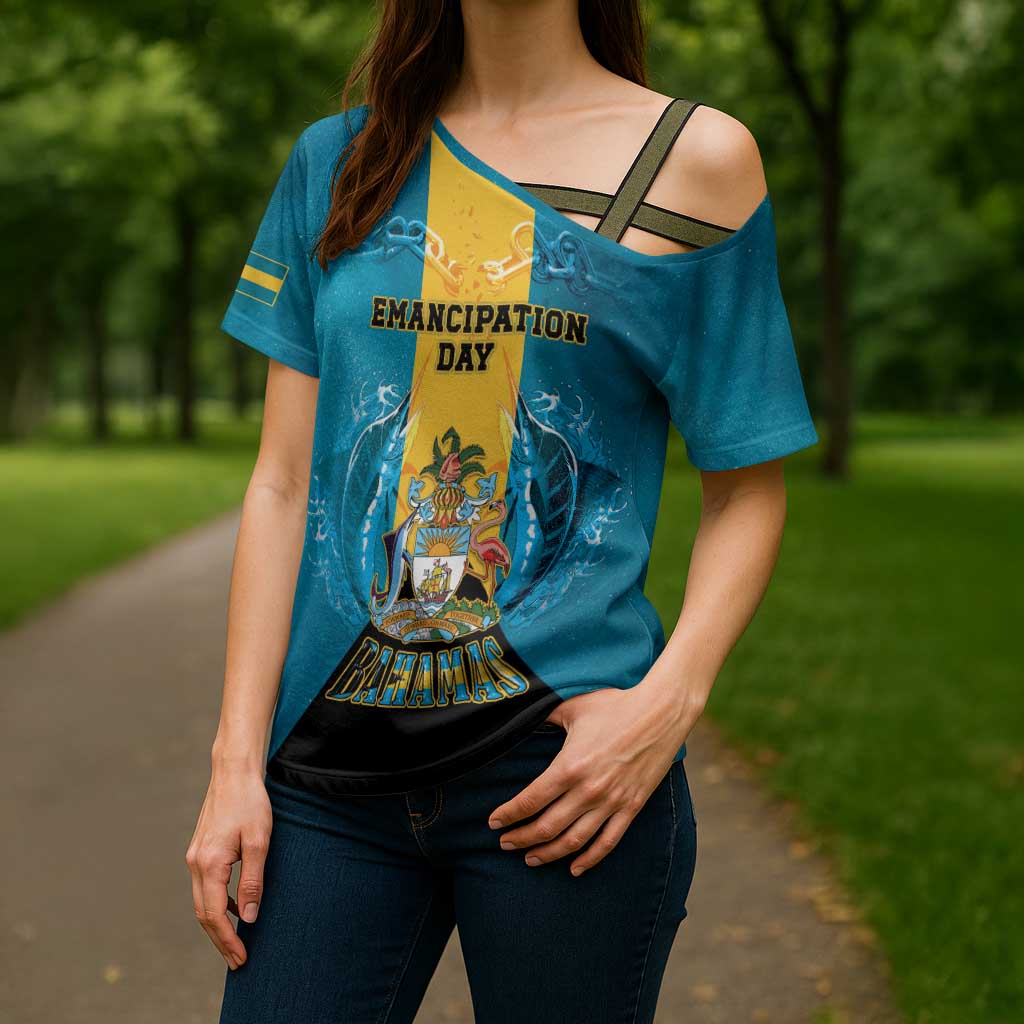 Personalized Bahamas Emancipation Day Cross Shoulder Shirt Blue Marlin With Coat Of Arms - Wonder Print Shop