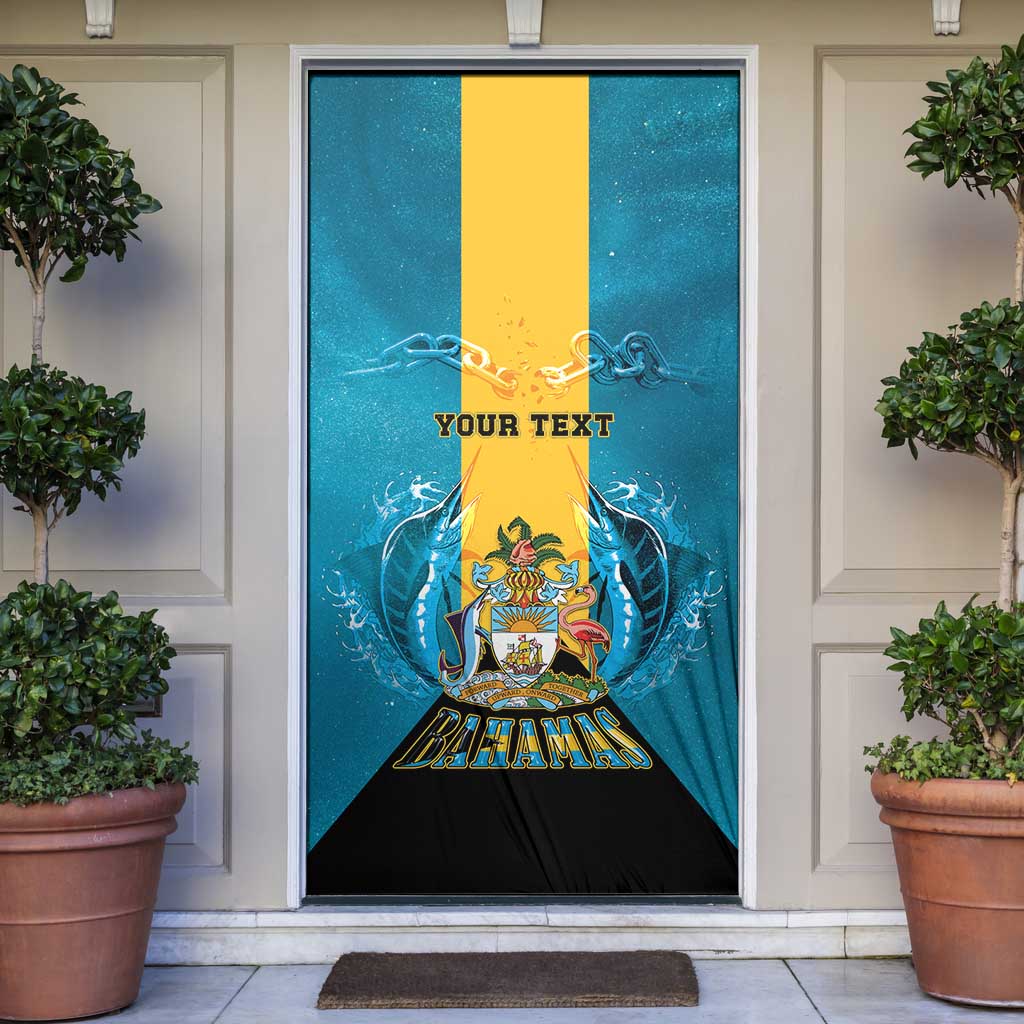 Personalized Bahamas Emancipation Day Door Cover Blue Marlin With Coat Of Arms - Wonder Print Shop