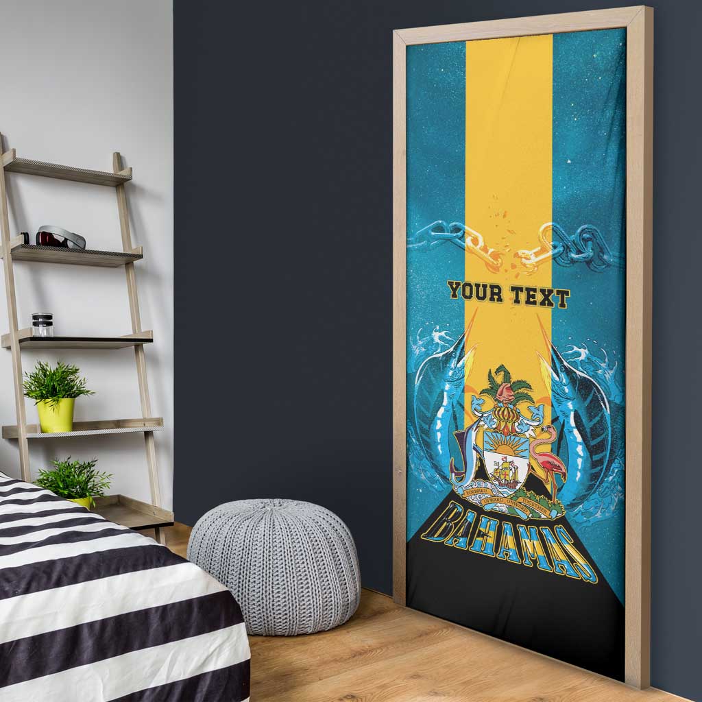 Personalized Bahamas Emancipation Day Door Cover Blue Marlin With Coat Of Arms - Wonder Print Shop