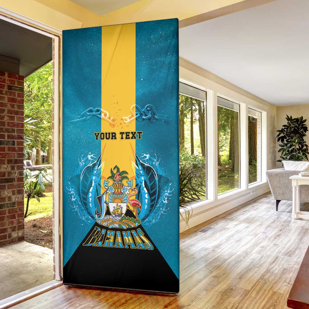 Personalized Bahamas Emancipation Day Door Cover Blue Marlin With Coat Of Arms - Wonder Print Shop
