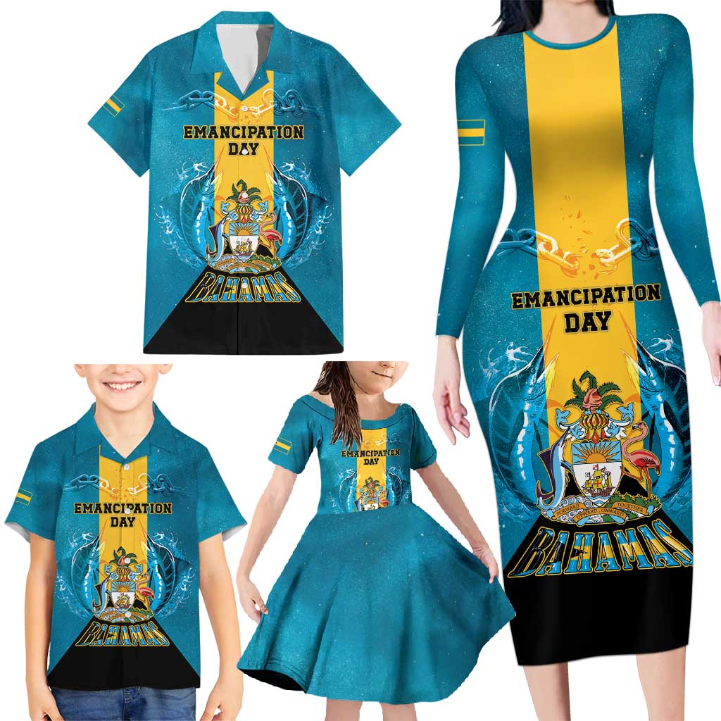 Personalized Bahamas Emancipation Day Family Matching Long Sleeve Bodycon Dress and Hawaiian Shirt Blue Marlin With Coat Of Arms - Wonder Print Shop