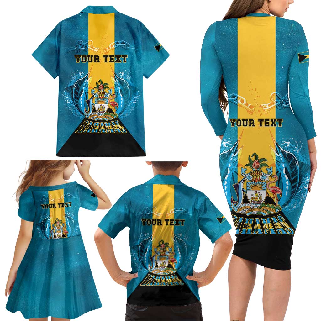 Personalized Bahamas Emancipation Day Family Matching Long Sleeve Bodycon Dress and Hawaiian Shirt Blue Marlin With Coat Of Arms - Wonder Print Shop
