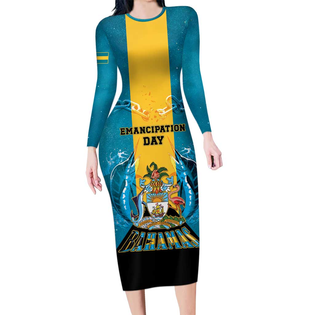 Personalized Bahamas Emancipation Day Family Matching Long Sleeve Bodycon Dress and Hawaiian Shirt Blue Marlin With Coat Of Arms - Wonder Print Shop
