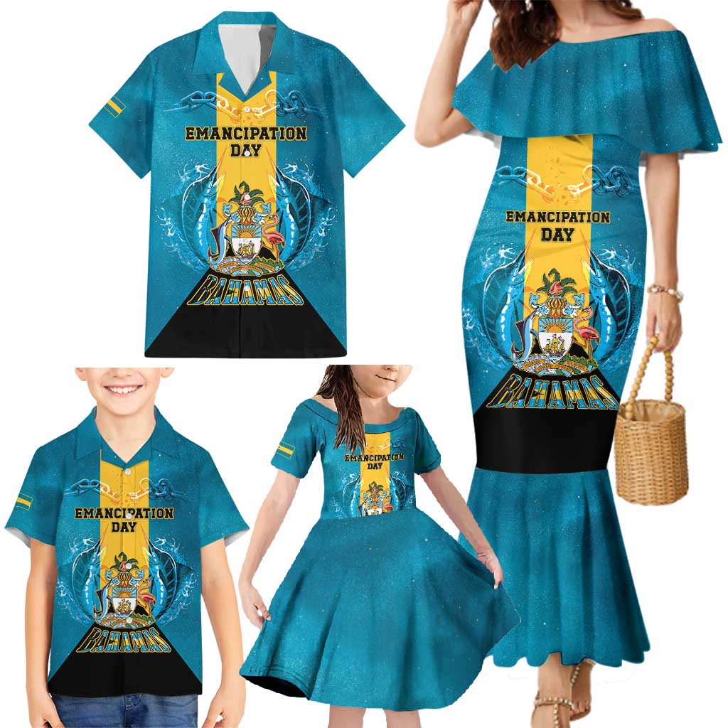 Personalized Bahamas Emancipation Day Family Matching Mermaid Dress and Hawaiian Shirt Blue Marlin With Coat Of Arms - Wonder Print Shop
