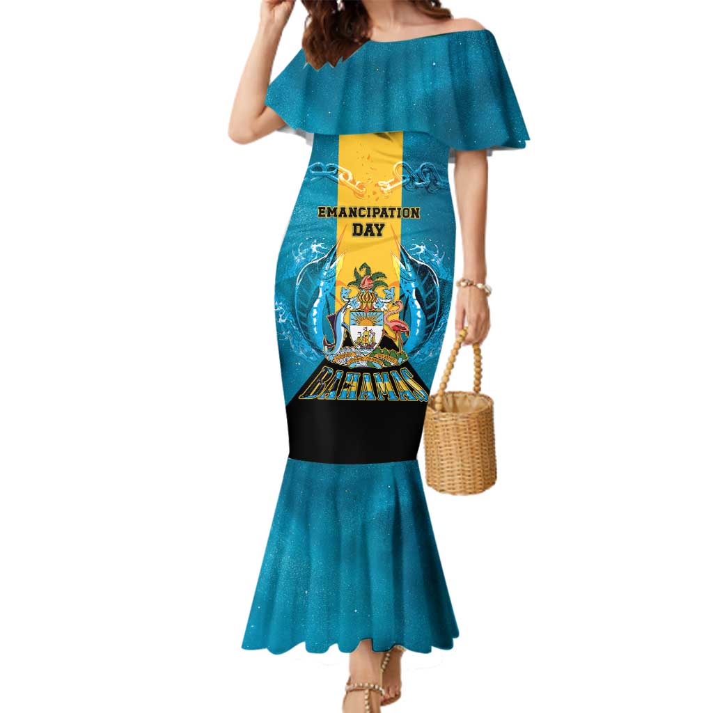 Personalized Bahamas Emancipation Day Family Matching Mermaid Dress and Hawaiian Shirt Blue Marlin With Coat Of Arms - Wonder Print Shop