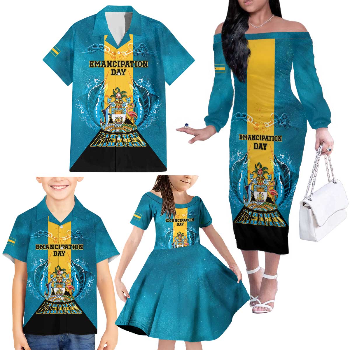 Personalized Bahamas Emancipation Day Family Matching Off The Shoulder Long Sleeve Dress and Hawaiian Shirt Blue Marlin With Coat Of Arms - Wonder Print Shop