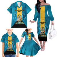 Personalized Bahamas Emancipation Day Family Matching Off The Shoulder Long Sleeve Dress and Hawaiian Shirt Blue Marlin With Coat Of Arms - Wonder Print Shop